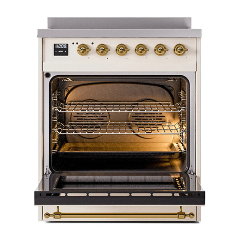 ILVE Nostalgie II 30" Induction Freestanding Range in Antique White with Brass Trim, UPI304NMPAWG