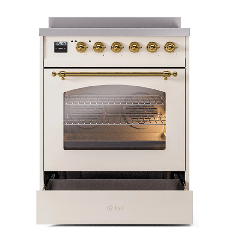 ILVE Nostalgie II 30" Induction Freestanding Range in Antique White with Brass Trim, UPI304NMPAWG