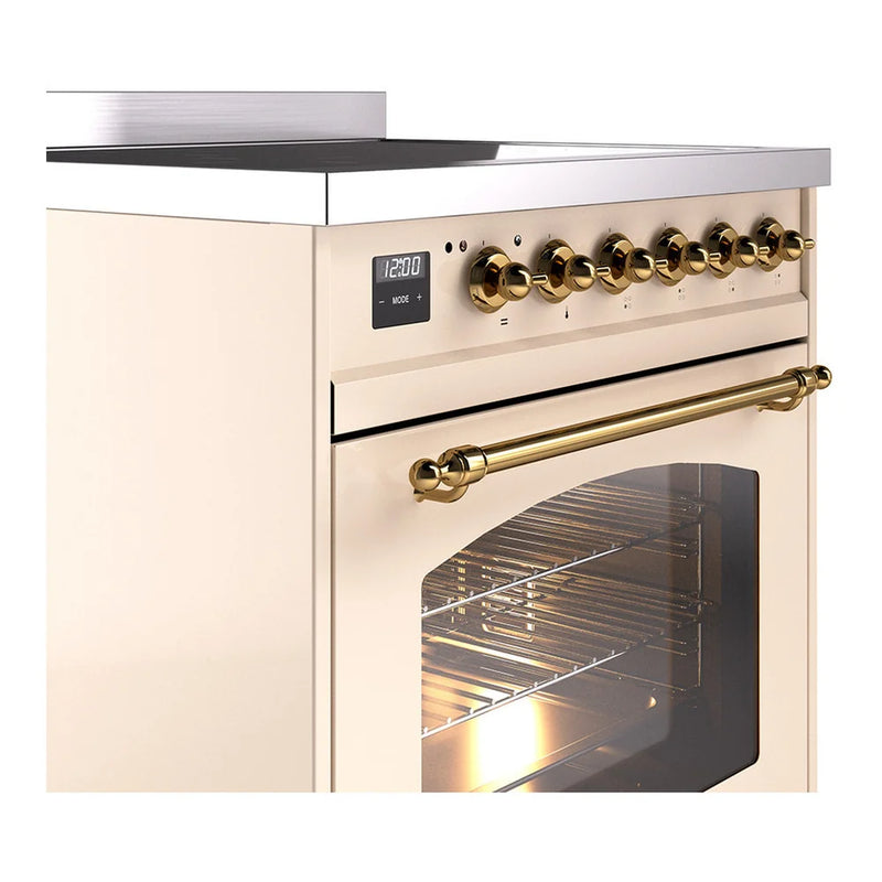 ILVE Nostalgie II 30" Induction Freestanding Range in Antique White with Brass Trim, UPI304NMPAWG