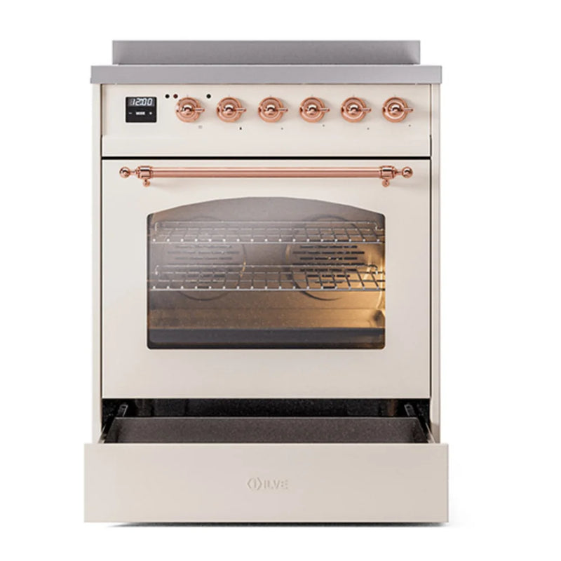 ILVE Nostalgie II 30" Induction Freestanding Range in Antique White with Copper Trim, UPI304NMPAWP