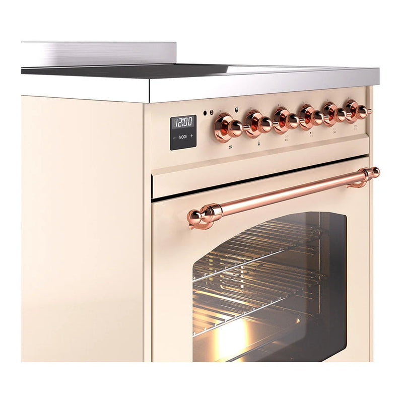 ILVE Nostalgie II 30" Induction Freestanding Range in Antique White with Copper Trim, UPI304NMPAWP