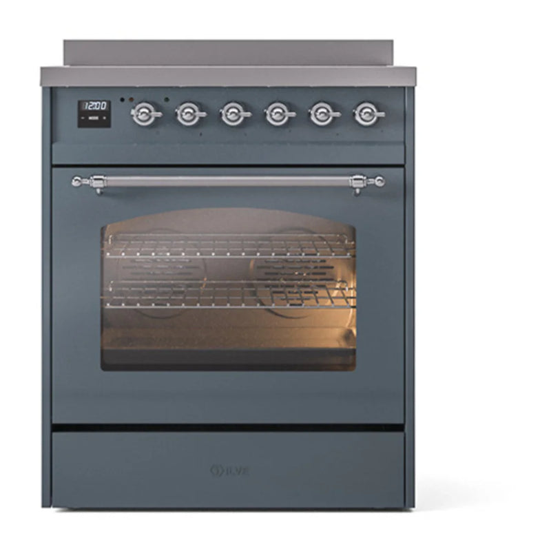 ILVE Nostalgie II 30" Induction Freestanding Range in Blue Grey with Chrome Trim, UPI304NMPBGC