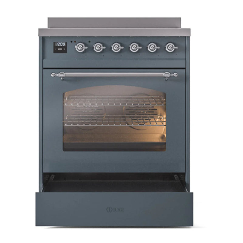 ILVE Nostalgie II 30" Induction Freestanding Range in Blue Grey with Chrome Trim, UPI304NMPBGC