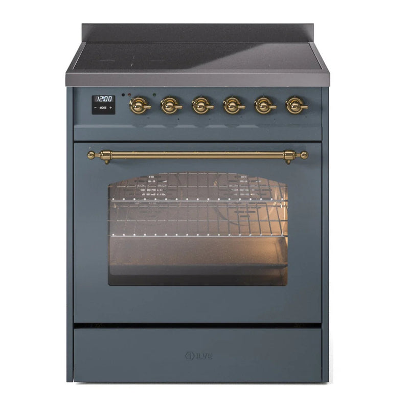 ILVE Nostalgie II 30" Induction Freestanding Range in Blue Grey with Brass Trim, UPI304NMPBGG