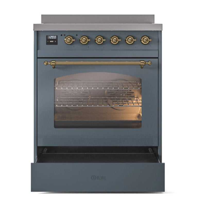ILVE Nostalgie II 30" Induction Freestanding Range in Blue Grey with Brass Trim, UPI304NMPBGG