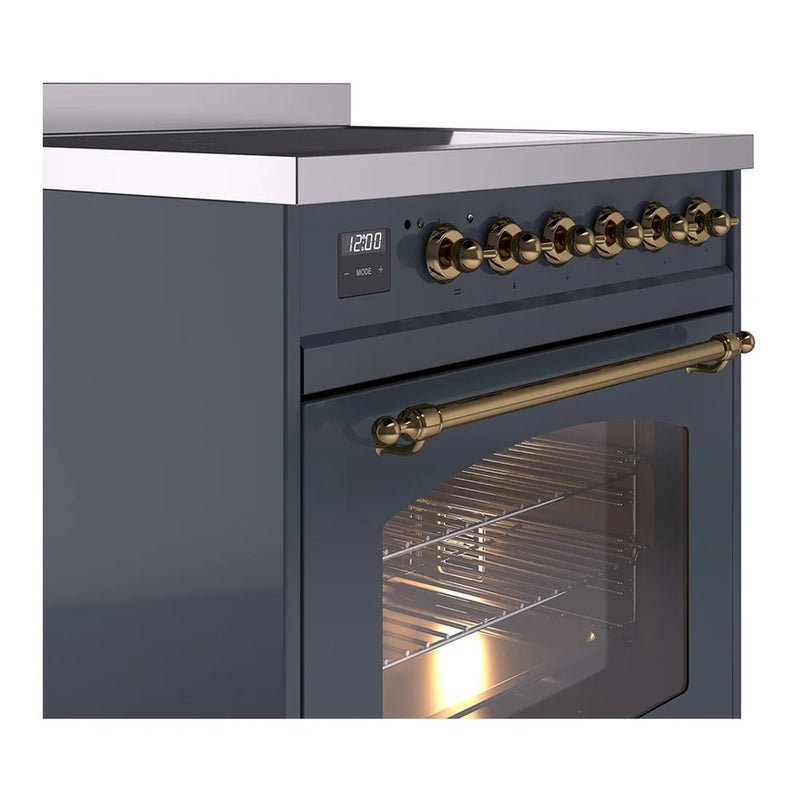 ILVE Nostalgie II 30" Induction Freestanding Range in Blue Grey with Brass Trim, UPI304NMPBGG