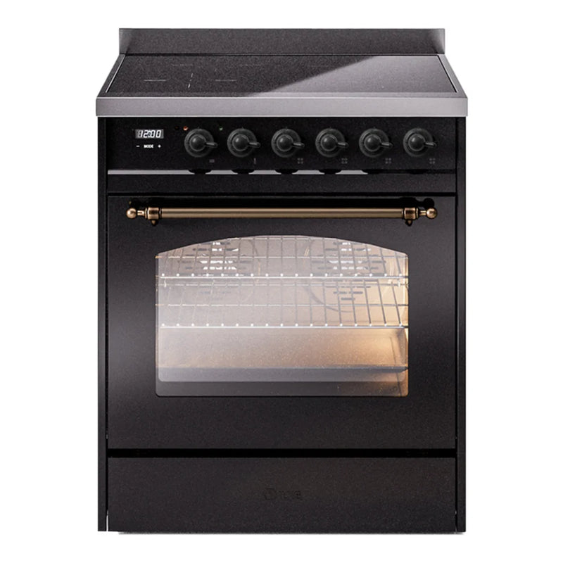 ILVE Nostalgie II 30" Induction Freestanding Range in Glossy Black with Burnished Trim, UPI304NMPBKB
