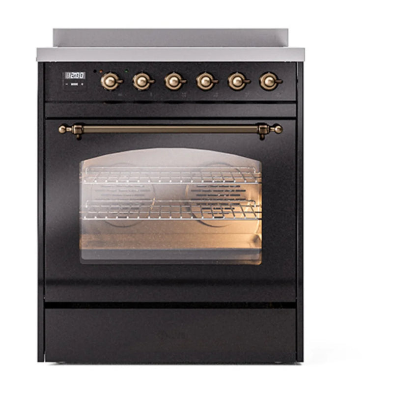 ILVE Nostalgie II 30" Induction Freestanding Range in Glossy Black with Burnished Trim, UPI304NMPBKB