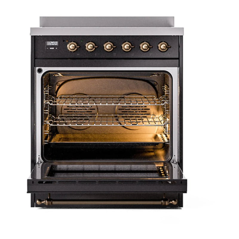 ILVE Nostalgie II 30" Induction Freestanding Range in Glossy Black with Burnished Trim, UPI304NMPBKB