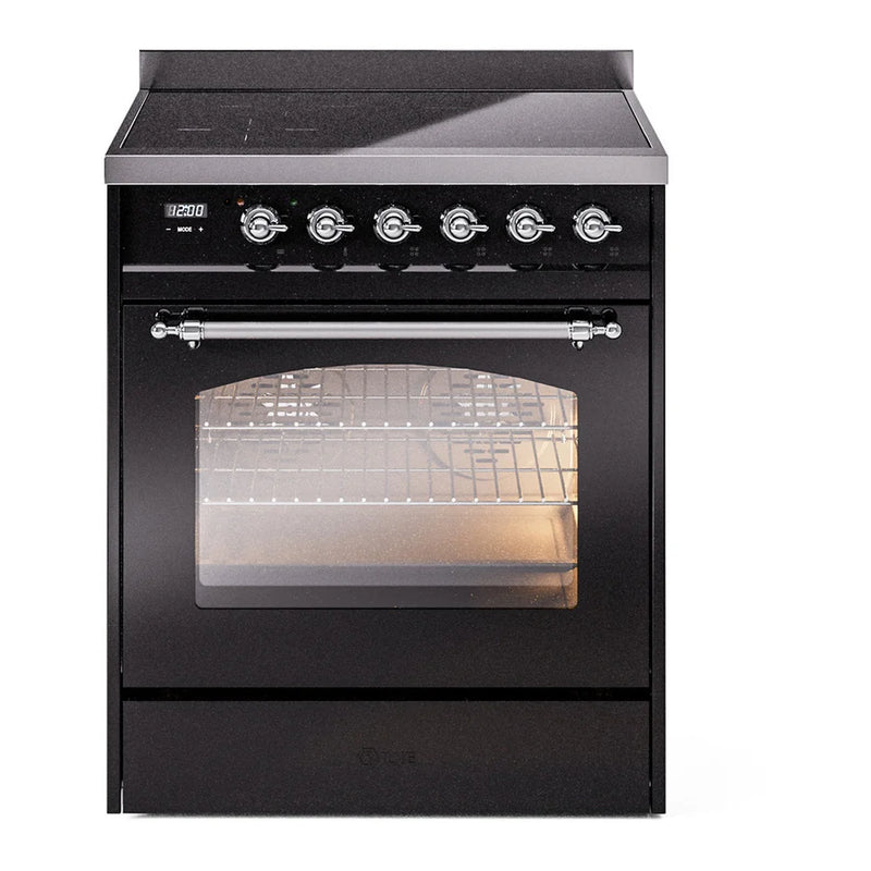 ILVE Nostalgie II 30" Induction Freestanding Range in Glossy Black with Chrome Trim, UPI304NMPBKC
