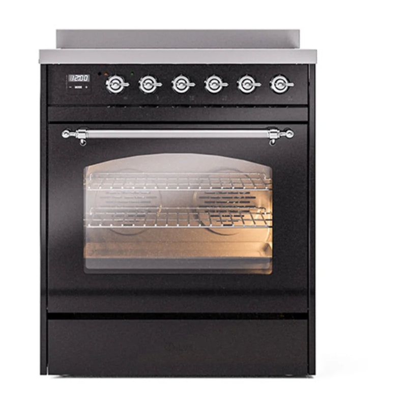 ILVE Nostalgie II 30" Induction Freestanding Range in Glossy Black with Chrome Trim, UPI304NMPBKC