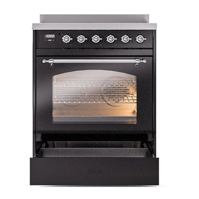 ILVE Nostalgie II 30" Induction Freestanding Range in Glossy Black with Chrome Trim, UPI304NMPBKC