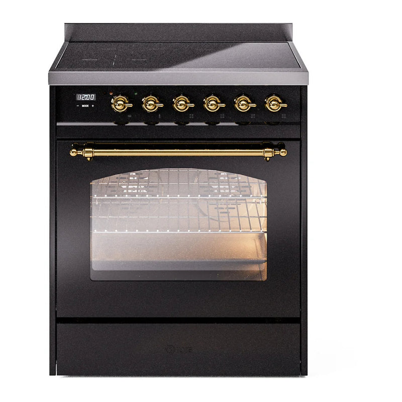 ILVE Nostalgie II 30" Induction Freestanding Range in Glossy Black with Brass Trim, UPI304NMPBKG