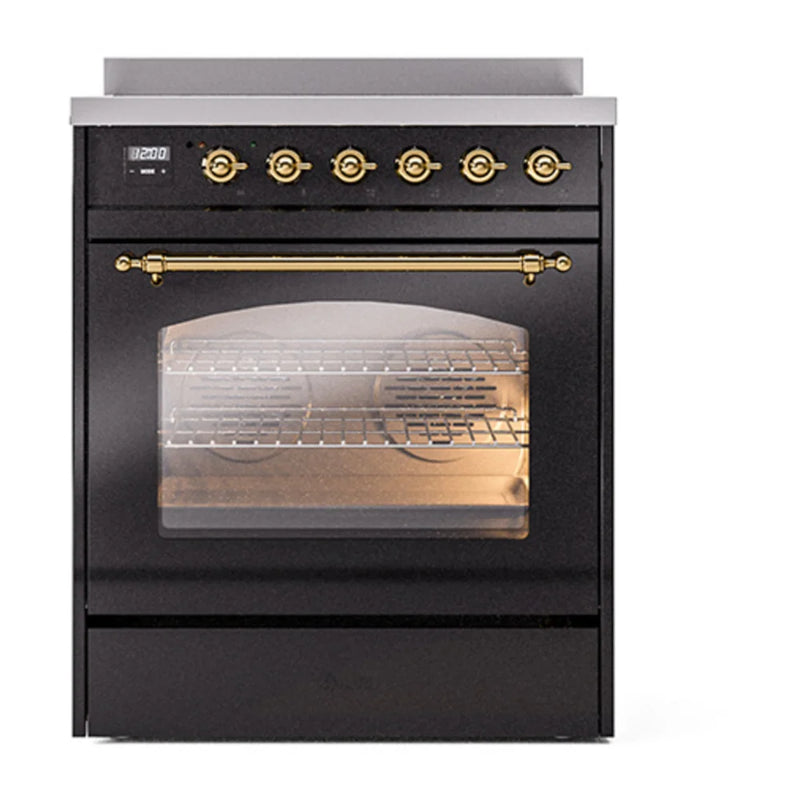 ILVE Nostalgie II 30" Induction Freestanding Range in Glossy Black with Brass Trim, UPI304NMPBKG
