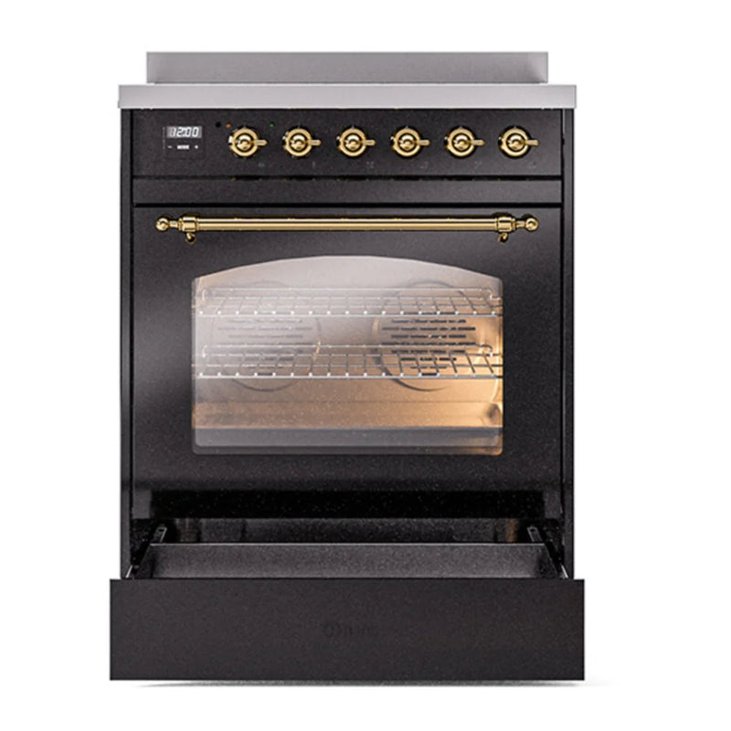 ILVE Nostalgie II 30" Induction Freestanding Range in Glossy Black with Brass Trim, UPI304NMPBKG