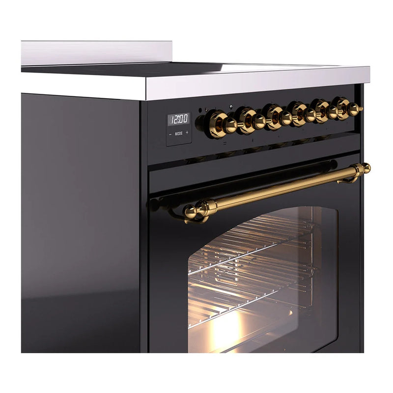 ILVE Nostalgie II 30" Induction Freestanding Range in Glossy Black with Brass Trim, UPI304NMPBKG