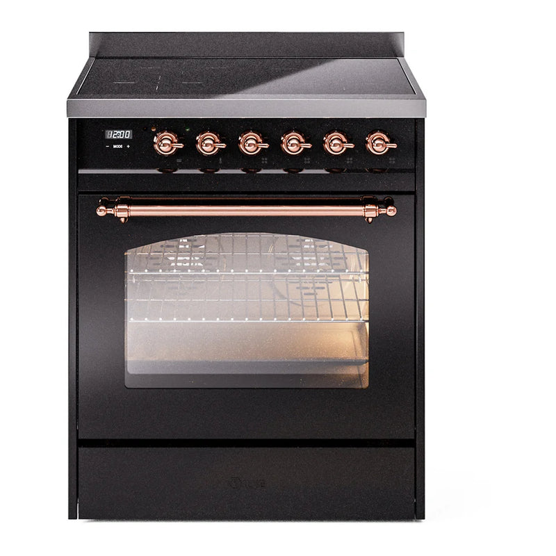 ILVE Nostalgie II 30" Induction Freestanding Range in Glossy Black with Copper Trim, UPI304NMPBKP