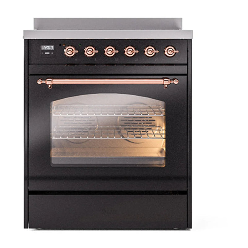 ILVE Nostalgie II 30" Induction Freestanding Range in Glossy Black with Copper Trim, UPI304NMPBKP