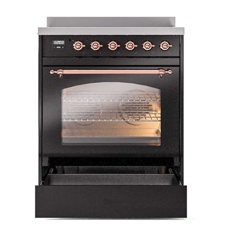 ILVE Nostalgie II 30" Induction Freestanding Range in Glossy Black with Copper Trim, UPI304NMPBKP