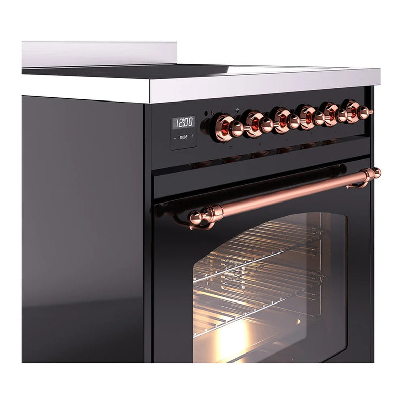 ILVE Nostalgie II 30" Induction Freestanding Range in Glossy Black with Copper Trim, UPI304NMPBKP