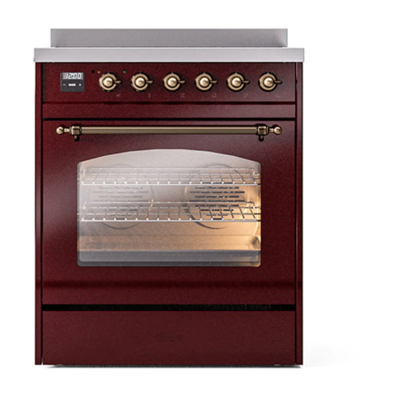ILVE Nostalgie II 30" Induction Freestanding Range in Burgundy with Burnished Trim, UPI304NMPBUB