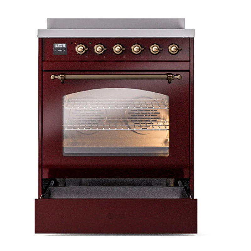 ILVE Nostalgie II 30" Induction Freestanding Range in Burgundy with Burnished Trim, UPI304NMPBUB