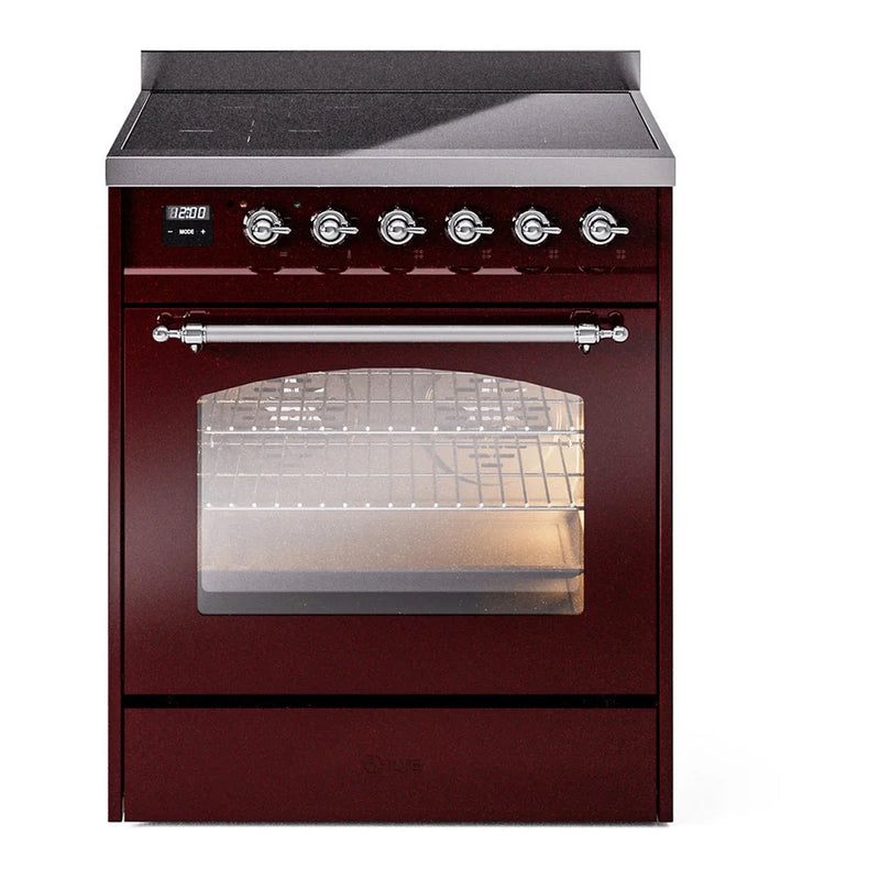 ILVE Nostalgie II 30" Induction Freestanding Range in Burgundy with Chrome Trim, UPI304NMPBUC