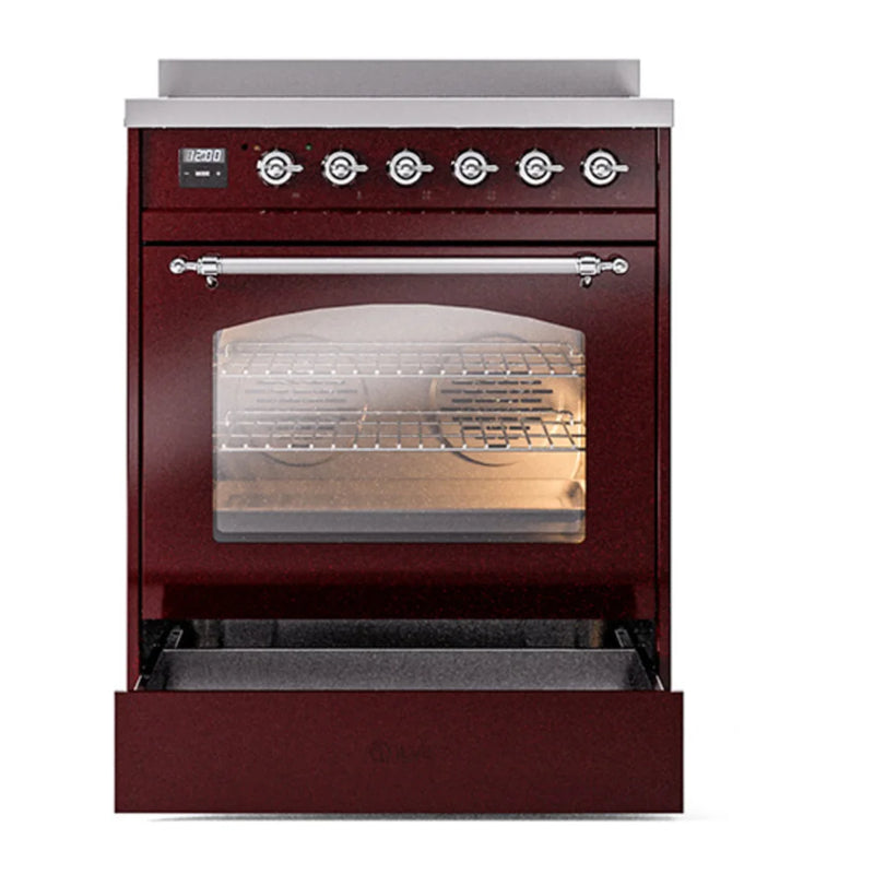 ILVE Nostalgie II 30" Induction Freestanding Range in Burgundy with Chrome Trim, UPI304NMPBUC