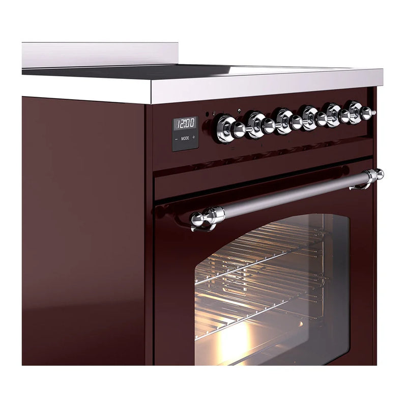 ILVE Nostalgie II 30" Induction Freestanding Range in Burgundy with Chrome Trim, UPI304NMPBUC