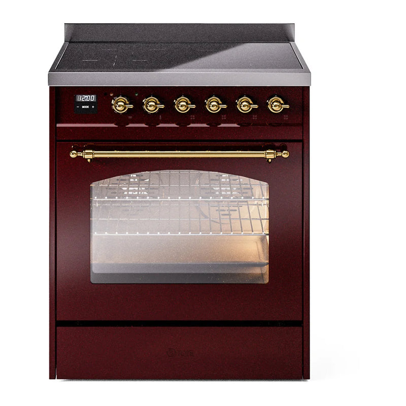 ILVE Nostalgie II 30" Induction Freestanding Range in Burgundy with Brass Trim, UPI304NMPBUG