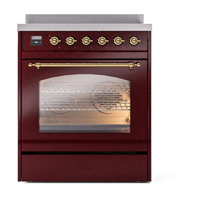 ILVE Nostalgie II 30" Induction Freestanding Range in Burgundy with Brass Trim, UPI304NMPBUG