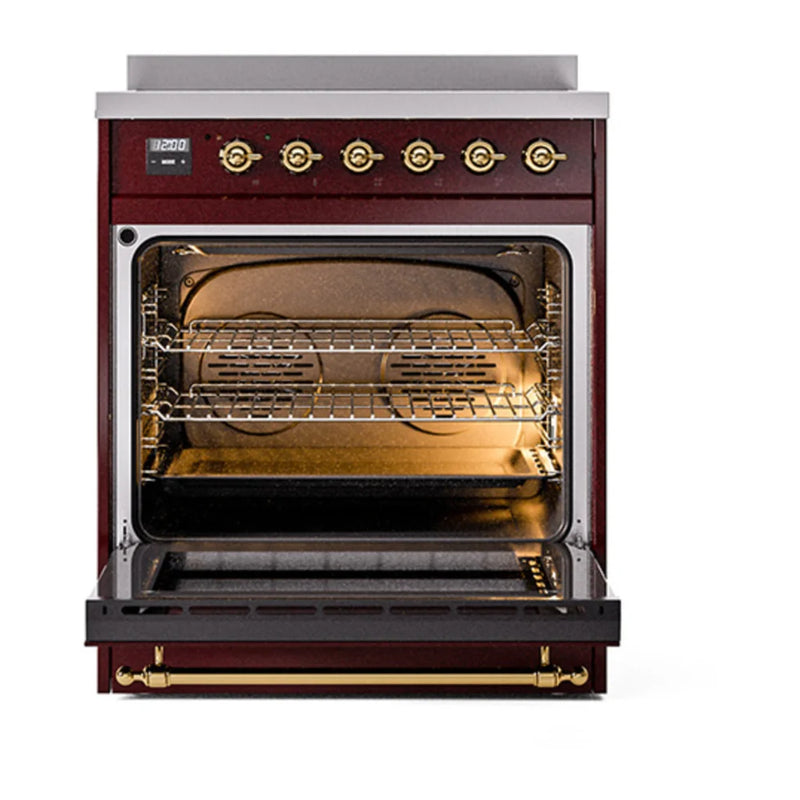 ILVE Nostalgie II 30" Induction Freestanding Range in Burgundy with Brass Trim, UPI304NMPBUG