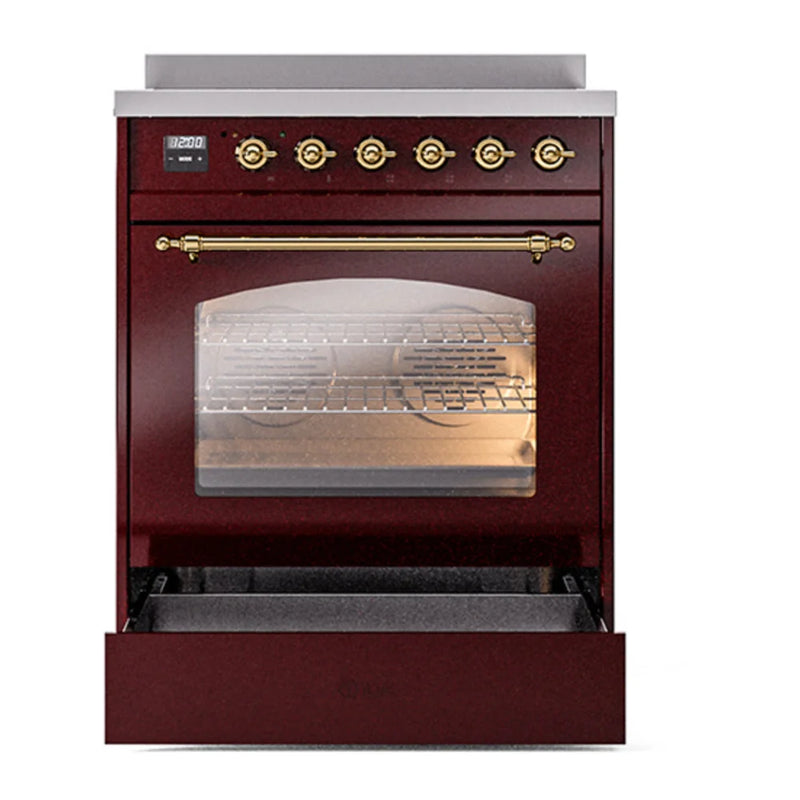 ILVE Nostalgie II 30" Induction Freestanding Range in Burgundy with Brass Trim, UPI304NMPBUG