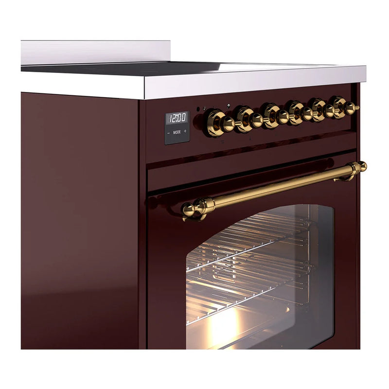 ILVE Nostalgie II 30" Induction Freestanding Range in Burgundy with Brass Trim, UPI304NMPBUG