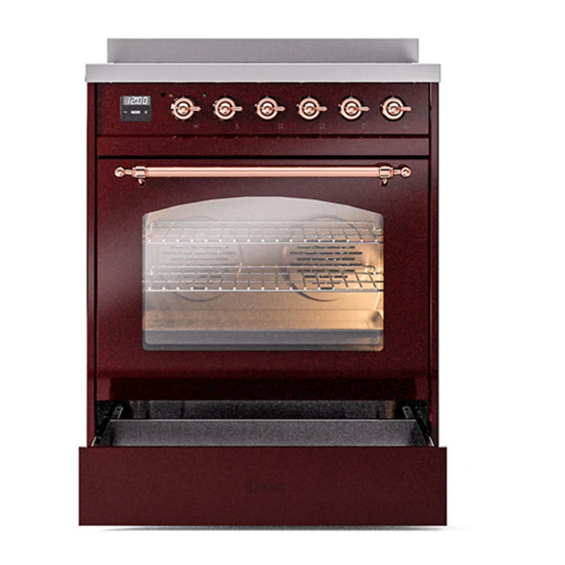 ILVE Nostalgie II 30" Induction Freestanding Range in Burgundy with Copper Trim, UPI304NMPBUP