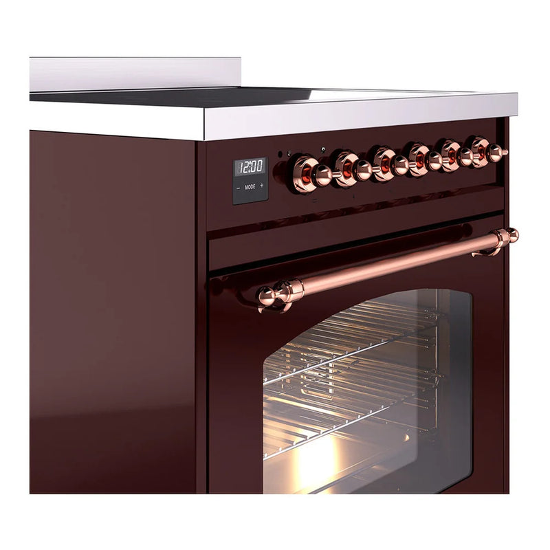 ILVE Nostalgie II 30" Induction Freestanding Range in Burgundy with Copper Trim, UPI304NMPBUP