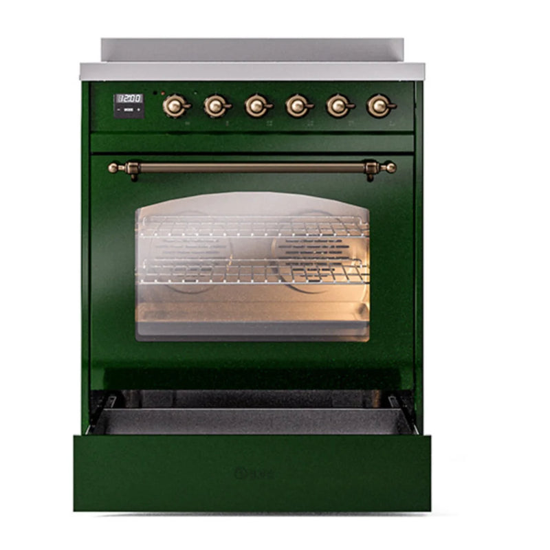 ILVE Nostalgie II 30" Induction Freestanding Range in Emerald Green with Burnished Trim, UPI304NMPEGB