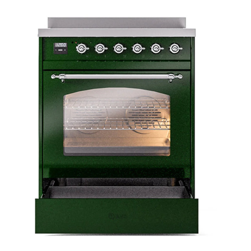 ILVE Nostalgie II 30" Induction Freestanding Range in Emerald Green with Chrome Trim, UPI304NMPEGC