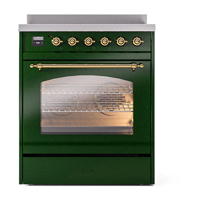 ILVE Nostalgie II 30" Induction Freestanding Range in Emerald Green with Brass Trim, UPI304NMPEGG