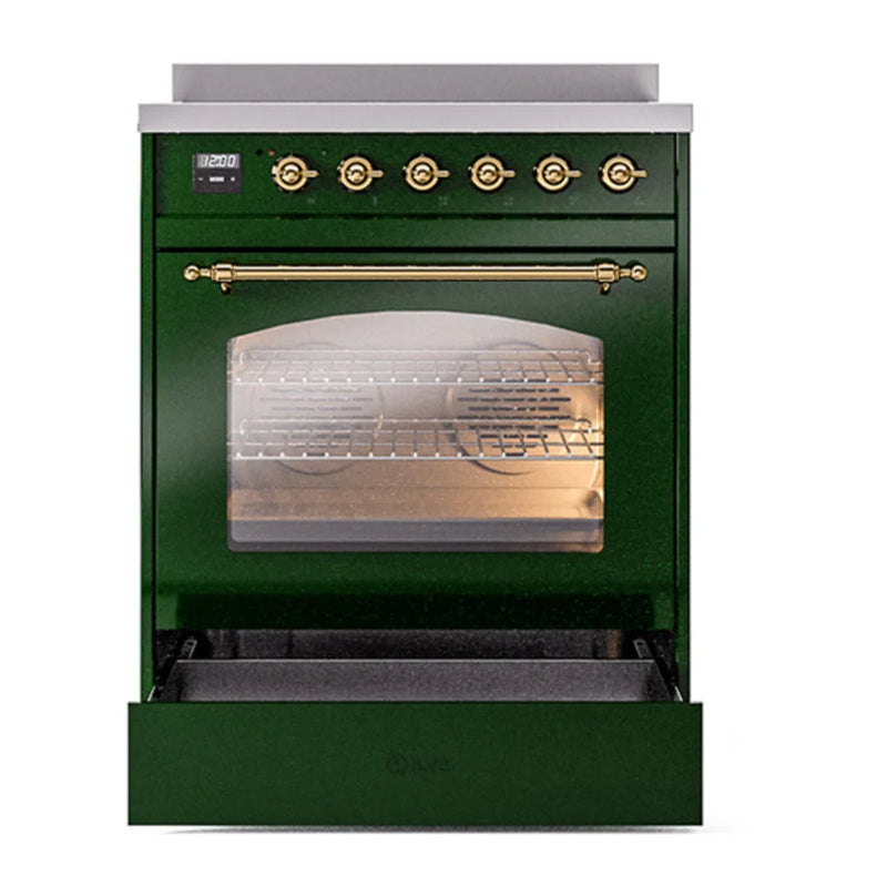 ILVE Nostalgie II 30" Induction Freestanding Range in Emerald Green with Brass Trim, UPI304NMPEGG