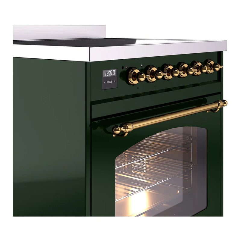 ILVE Nostalgie II 30" Induction Freestanding Range in Emerald Green with Brass Trim, UPI304NMPEGG