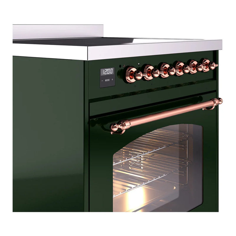 ILVE Nostalgie II 30" Induction Freestanding Range in Emerald Green with Copper Trim, UPI304NMPEGP