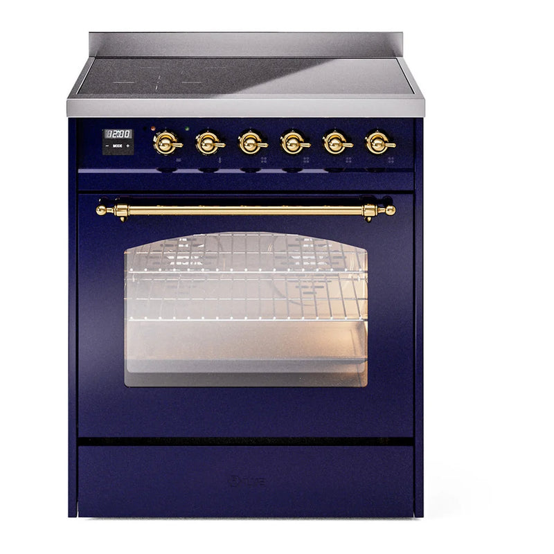 ILVE Nostalgie II 30" Induction Freestanding Range in Midnight Blue with Brass Trim, UPI304NMPMBG