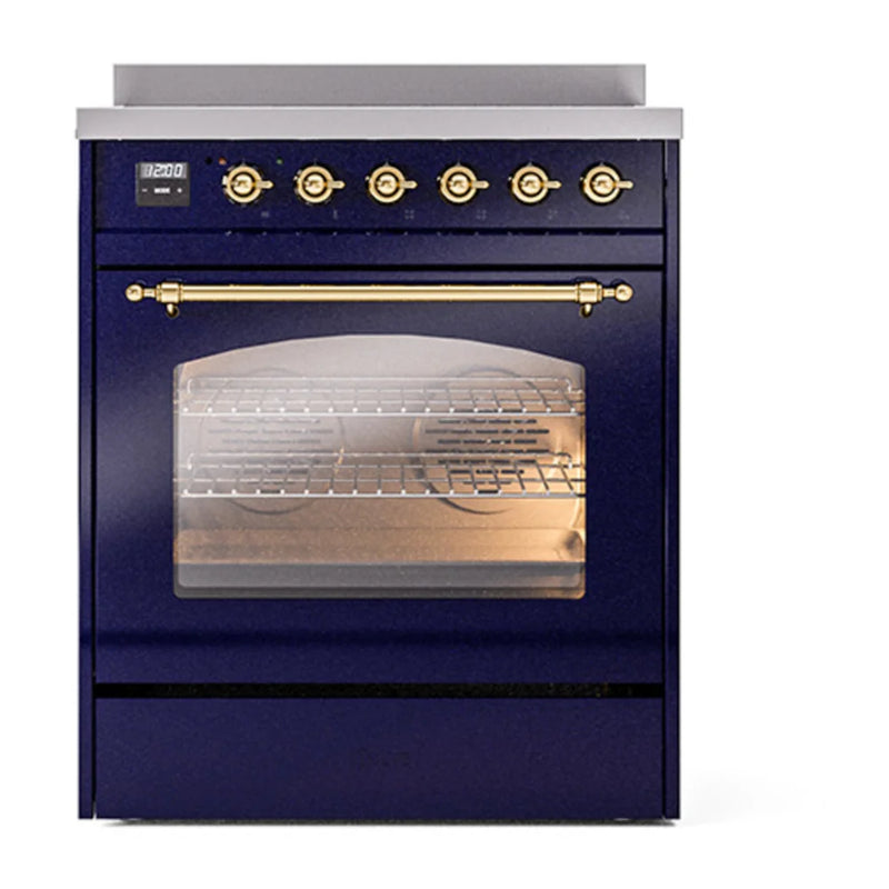 ILVE Nostalgie II 30" Induction Freestanding Range in Midnight Blue with Brass Trim, UPI304NMPMBG