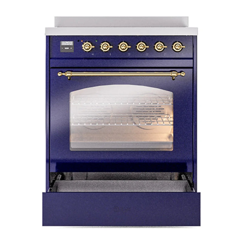 ILVE Nostalgie II 30" Induction Freestanding Range in Midnight Blue with Brass Trim, UPI304NMPMBG