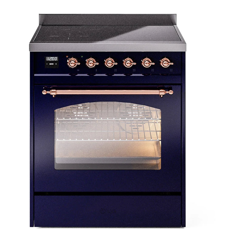 ILVE Nostalgie II 30" Induction Freestanding Range in Midnight Blue with Copper Trim, UPI304NMPMBP