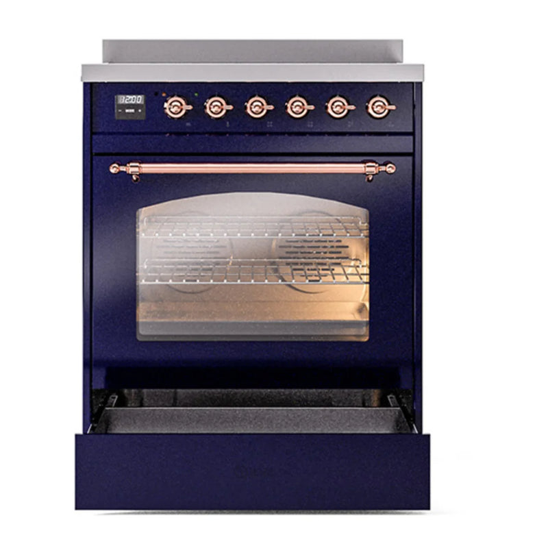 ILVE Nostalgie II 30" Induction Freestanding Range in Midnight Blue with Copper Trim, UPI304NMPMBP