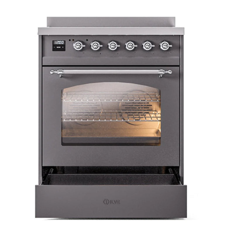ILVE Nostalgie II 30" Induction Freestanding Range in Graphite Matte with Chrome Trim, UPI304NMPMGC