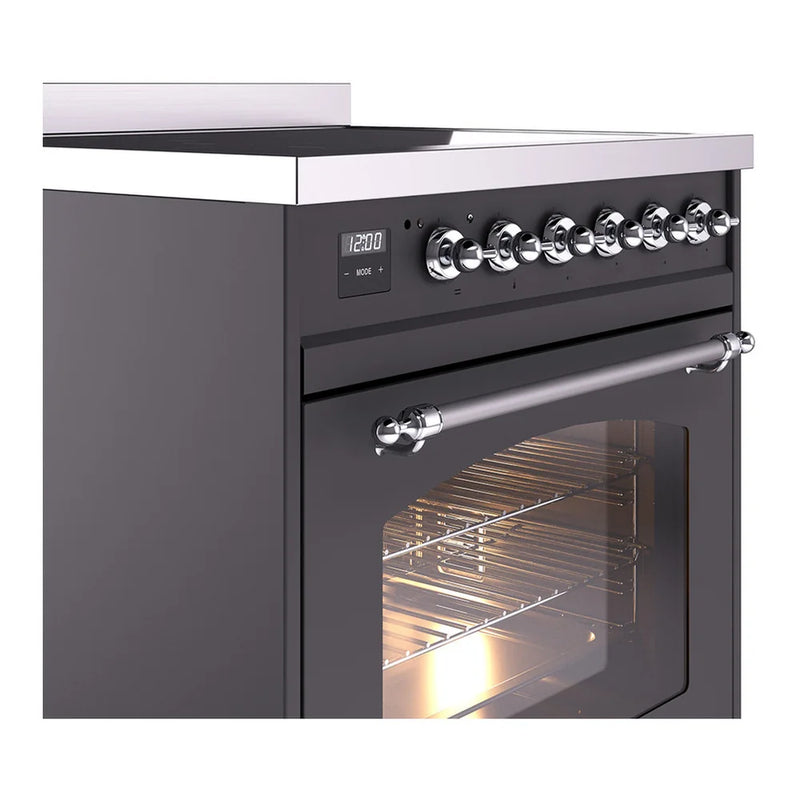 ILVE Nostalgie II 30" Induction Freestanding Range in Graphite Matte with Chrome Trim, UPI304NMPMGC