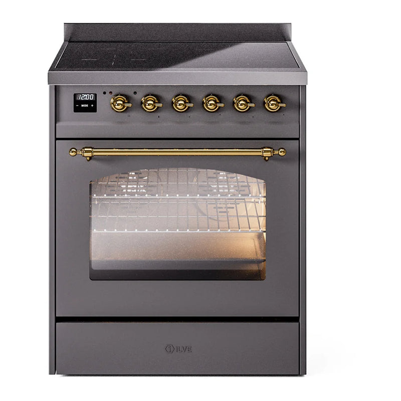 ILVE Nostalgie II 30" Induction Freestanding Range in Graphite Matte with Brass Trim, UPI304NMPMGG